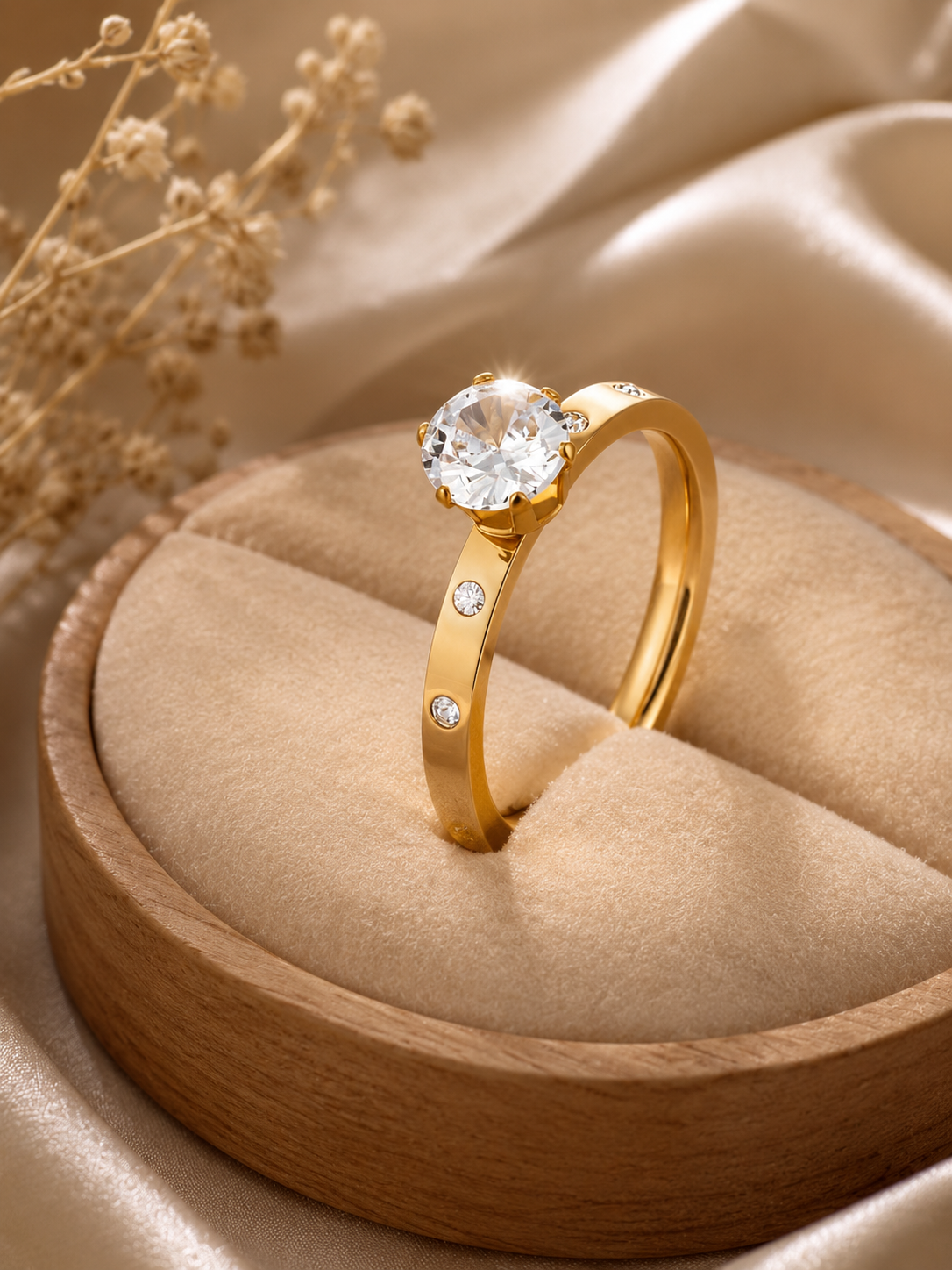 Golden Solitaire Crystal Ring